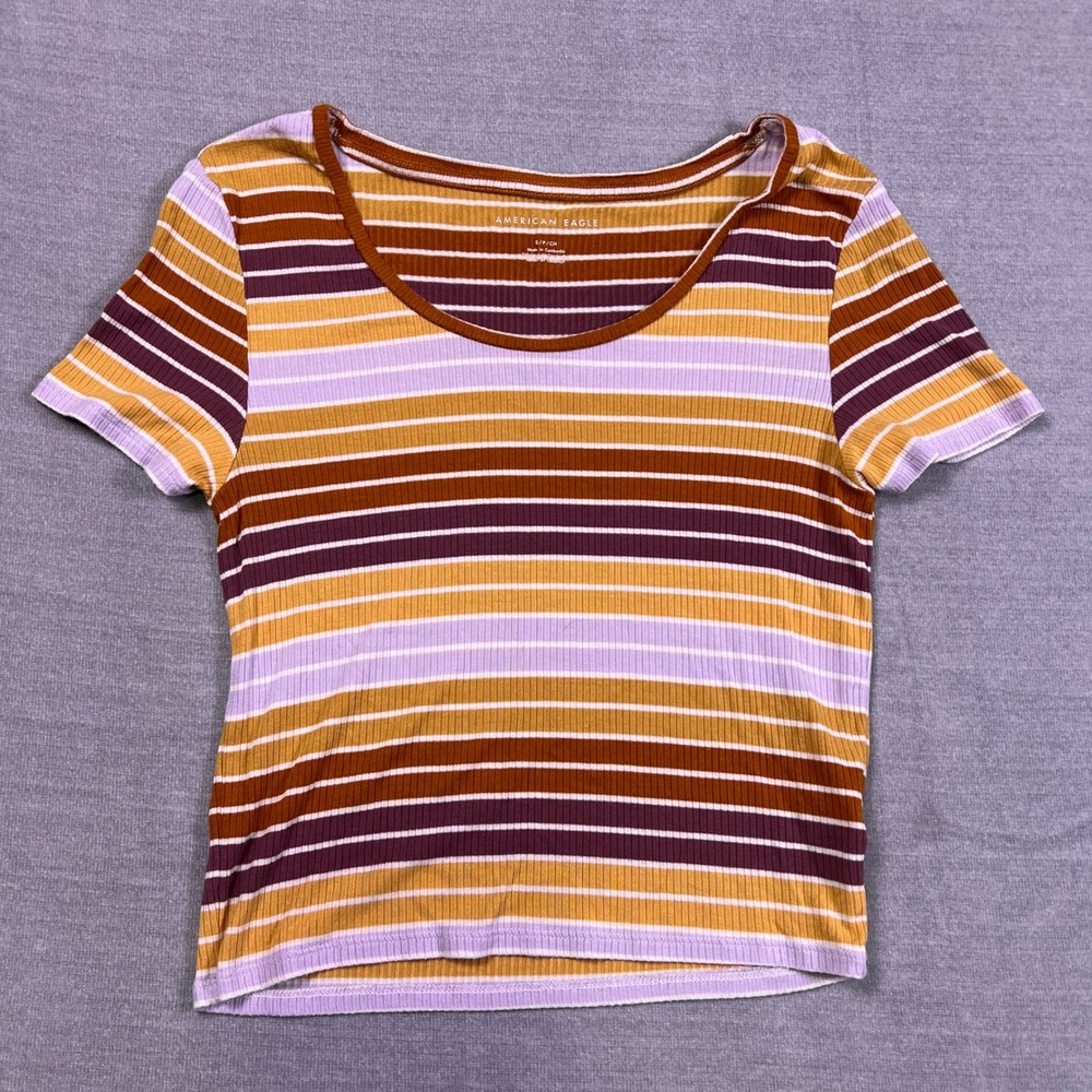 American Eagle Striped Ribbed Scoop Neck Tee Women Small Multicolor Viscose